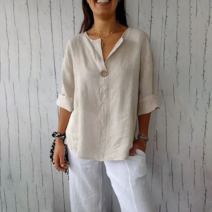 T-shirt confortable pour femme en lin et coton avec encolure en V