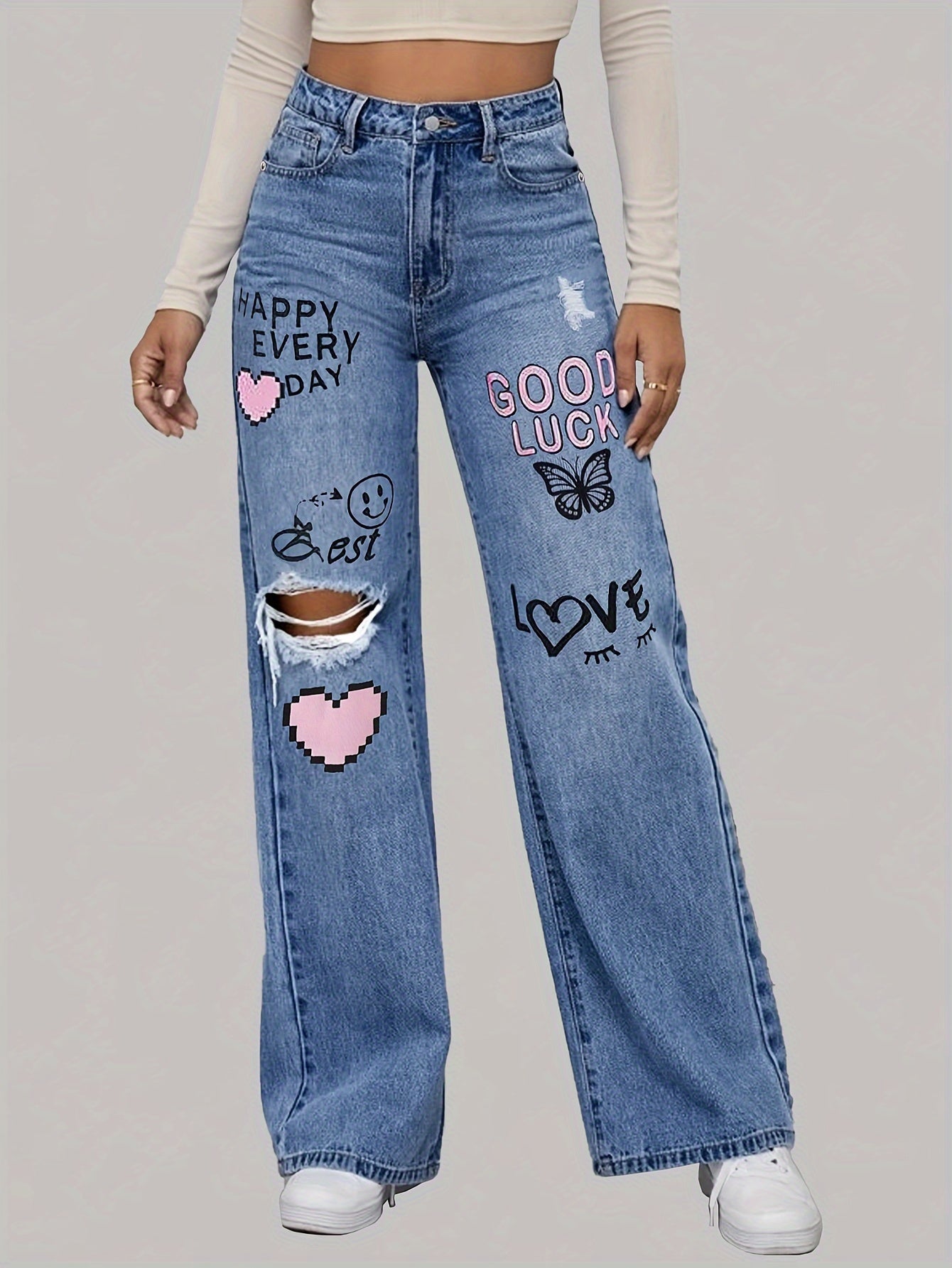 Jean en denim à taille haute et jambes larges avec imprimé graphique