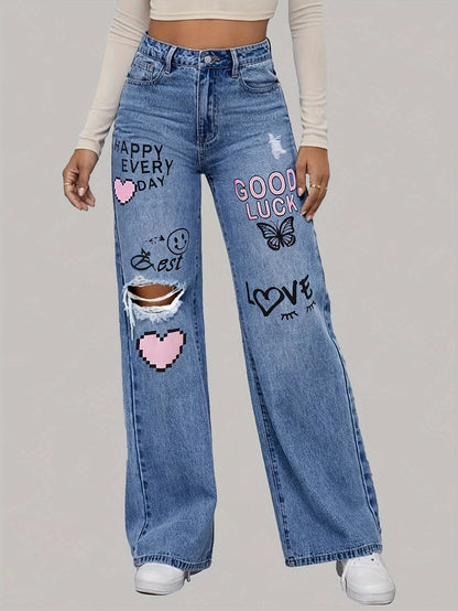 Jean en denim imprimé graphique taille haute à jambes larges