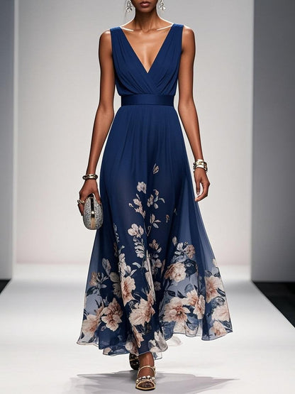 Robe longue en mousseline de soie à fleurs
