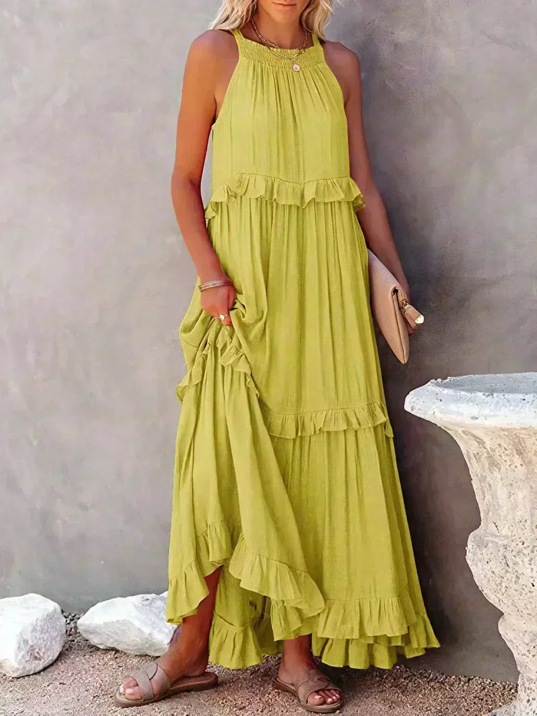 Pauline Laurent® | Robe longue volantée à col licou