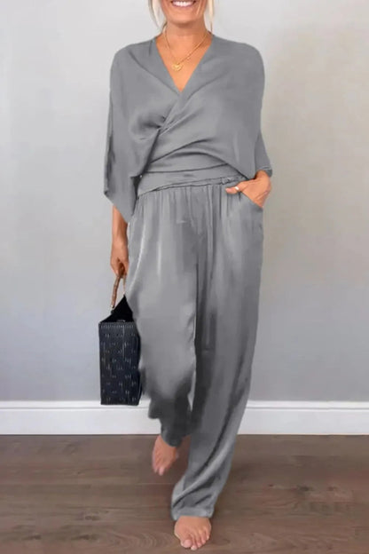Ensemble Chic Haut Cache-cœur et Pantalon Décontracté Relaxé