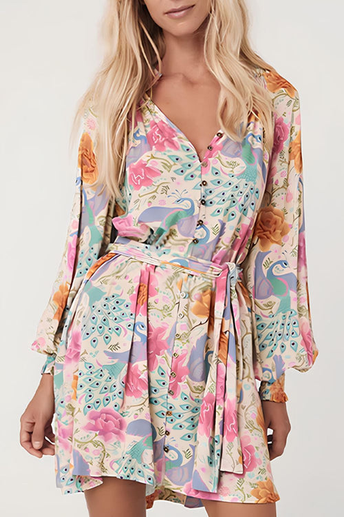 Sophie Paris® | Robe à col cranté imprimée avec manches lanterne