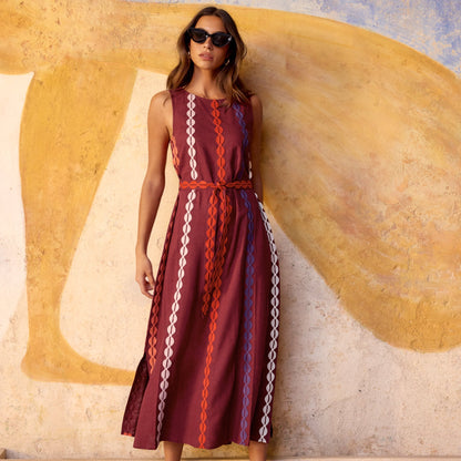 Robe mi-longue marron tabac pour femme