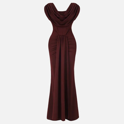 Robe longue de soirée marron élégante à col drapé