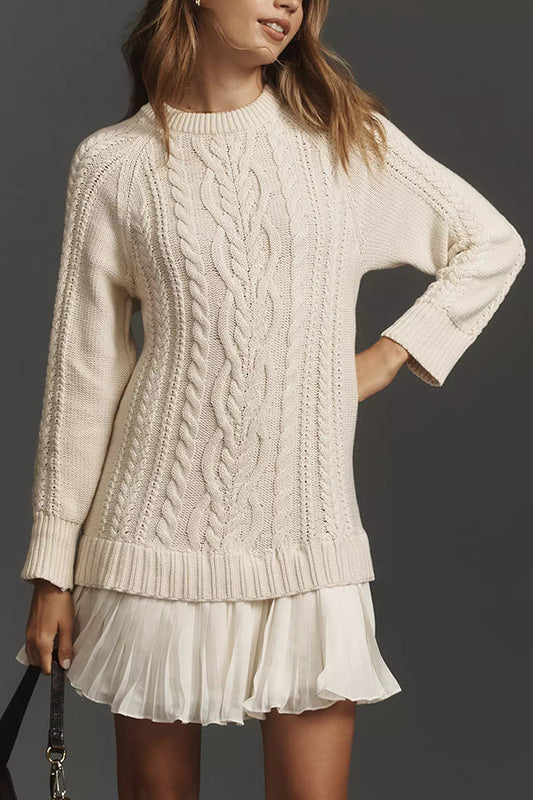 Robe Mini Pull en Maille Côtelée avec Ourlet en Chiffon Plissé