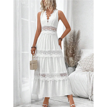 Robe sans manches à col en V et coutures en dentelle