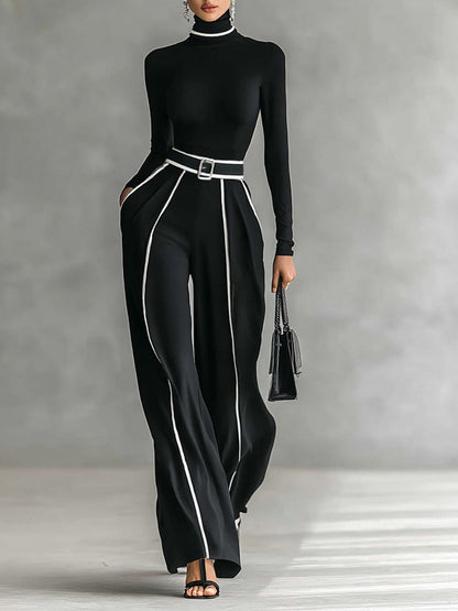 Ensemble, haut à manches longues et col roulé, pantalon large et ceinture