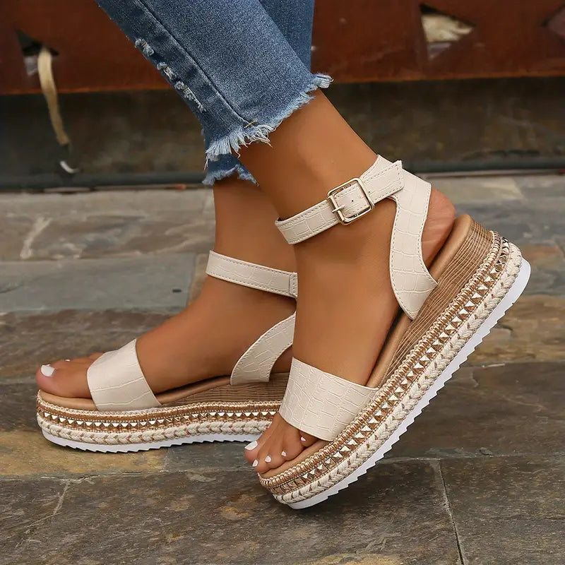 Sandales Compensées à Bride Cheville Luxe Femmes