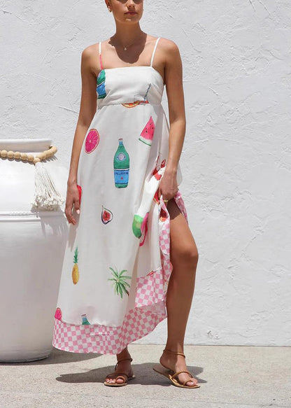 Robe Maxi Bohème Blanche à Bretelles Spaghetti avec Patchwork