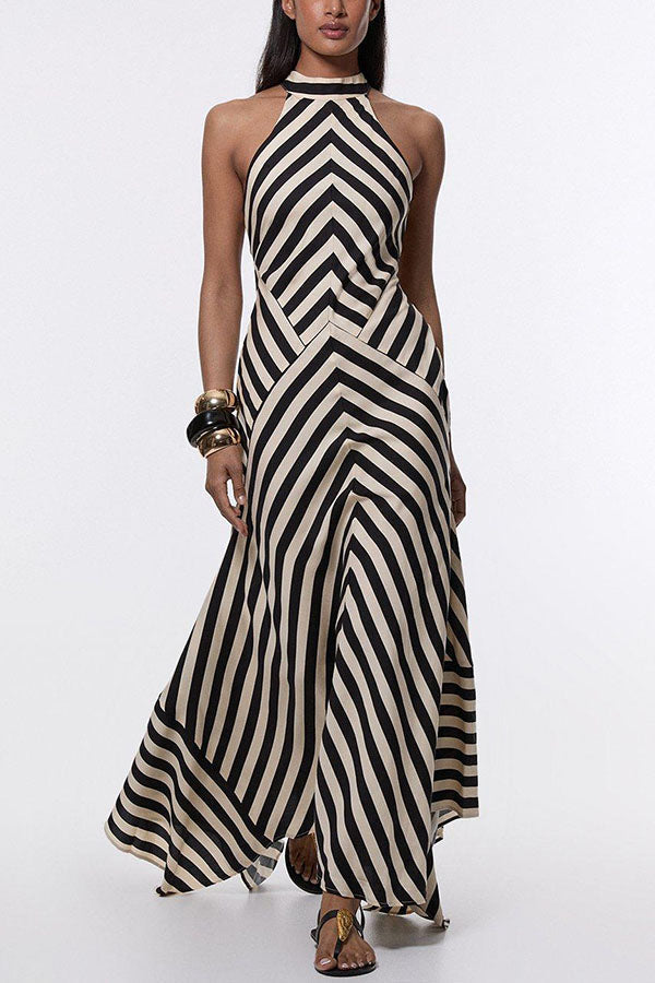 Robe Maxi à Rayures Géométriques avec Dos Nu et Ourlet Fluide