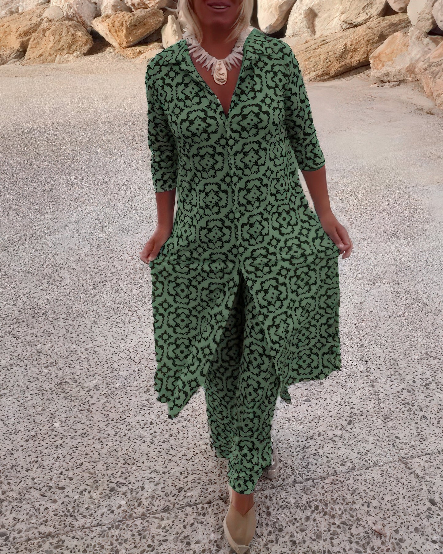 JACQUELIN™ | Ensemble Vintage Imprimé à Deux Pièces avec Revers et Boutons