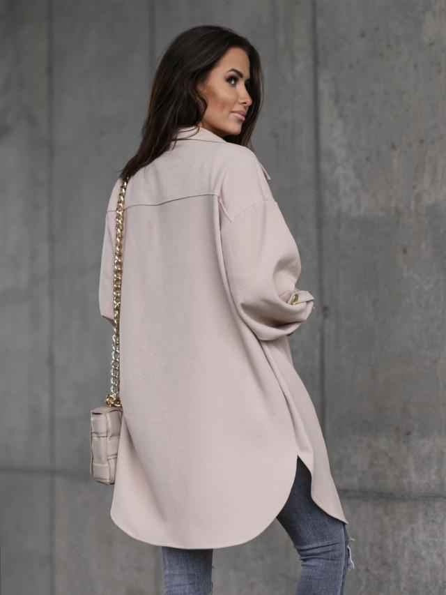 Veste-chemise longue confortable à boutons avec col et revers en laine