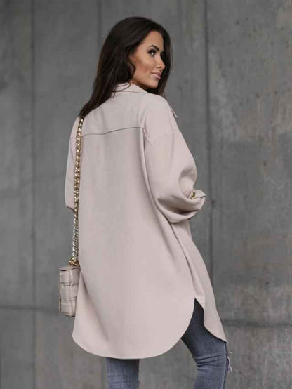 Veste-chemise longue confortable à boutons avec col et revers en laine