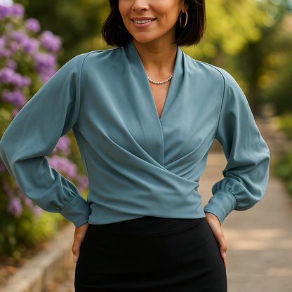 Blouse Chic à Manches Bouffantes et Col V pour un Style Quotidien Élégant