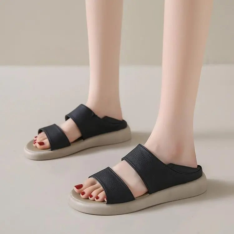 Sandales classiques en cuir véritable à enfiler avec semelle épaisse confortable
