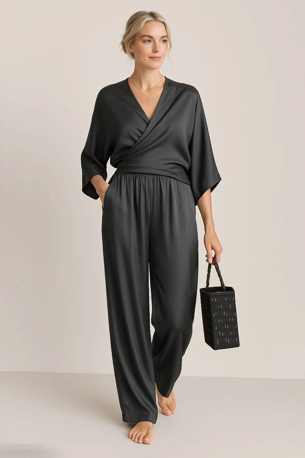 Ensemble Chic Haut Cache-cœur et Pantalon Décontracté Relaxé
