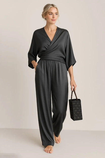 Ensemble Chic Haut Cache-cœur et Pantalon Décontracté Relaxé