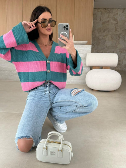 Cardigan en tricot rayé à col en V confortable