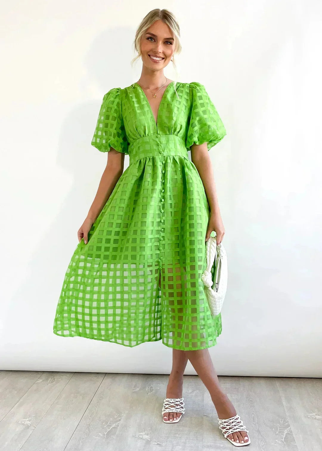 Robe à carreaux avec manches froncées