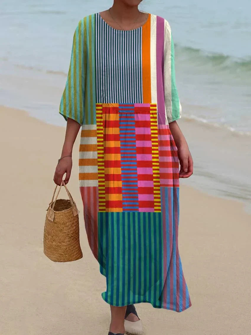 Robe en coton à imprimé artistique vintage à motif géométrique pour femme
