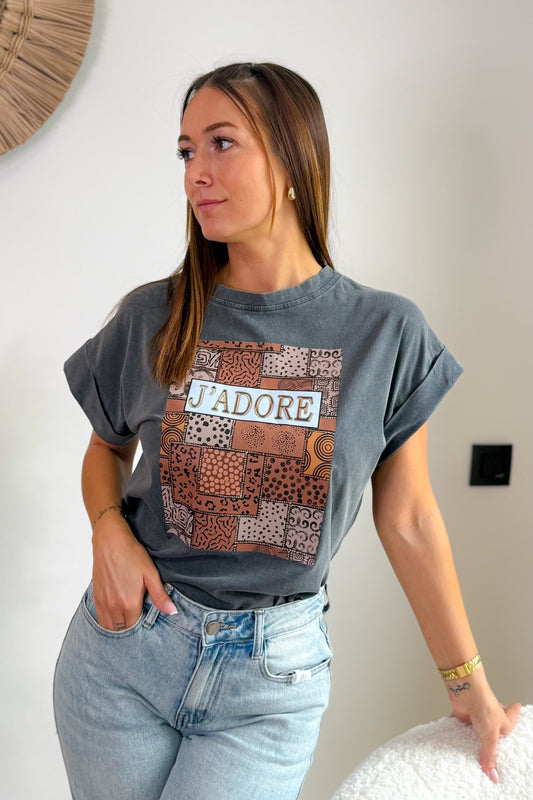 T-Shirt "J'adore" Noir Délavé