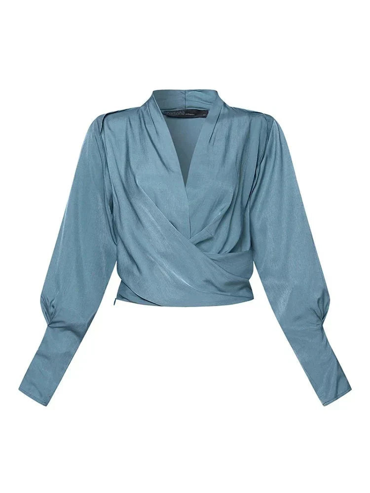 Blouse Chic à Manches Bouffantes et Col V pour un Style Quotidien Élégant