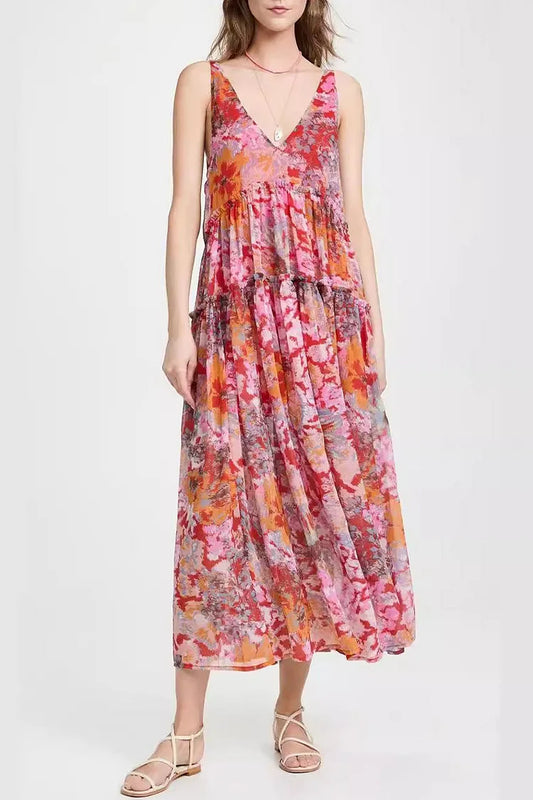 Robe sans manches avec encolure en V plissée et fleurs