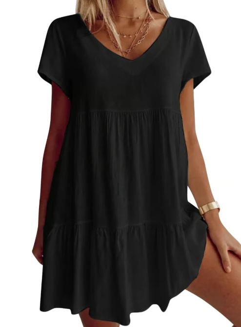Robe tissée décontractée à encolure en V manches courtes