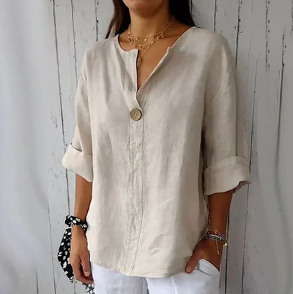 T-shirt confortable pour femme en lin et coton avec encolure en V