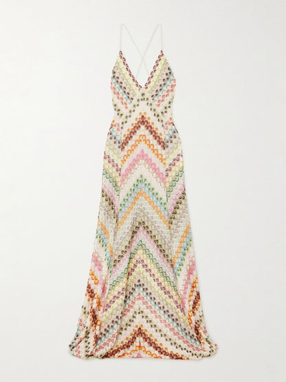 Robe longue ouverte en tricot à imprimé chevrons colorés