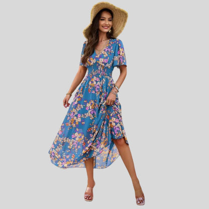 Pauline Laurent® | Robe midi à col V floral et manches courtes