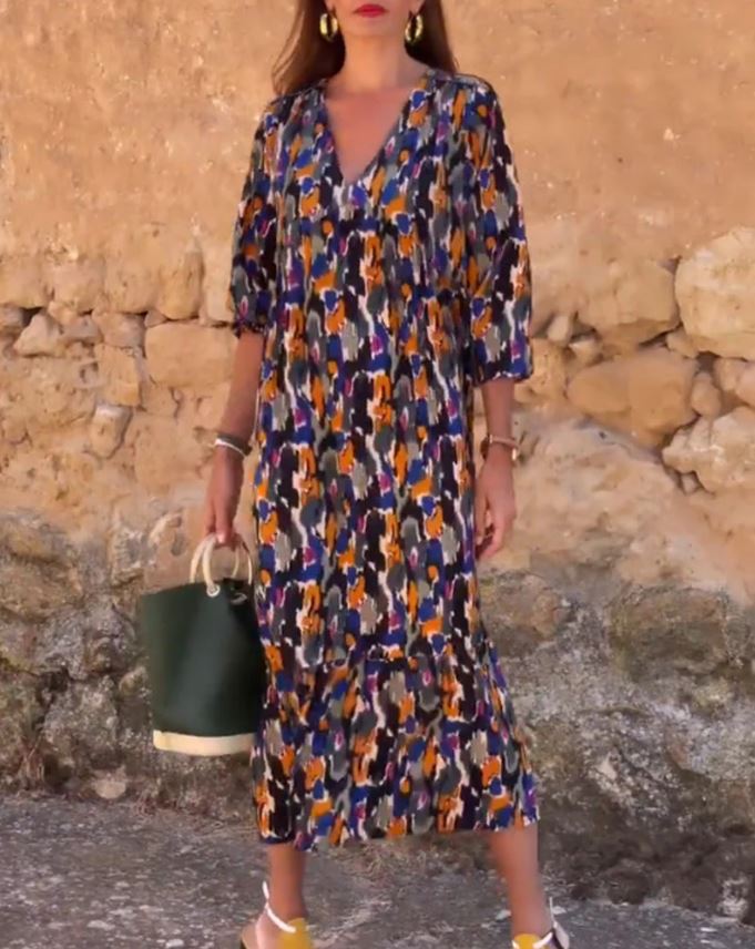 Robe col V imprimé rétro