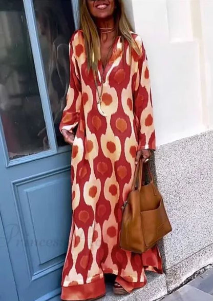 Robe Boho à Encolure en V avec Imprimé Géométrique et Fente d'Automne