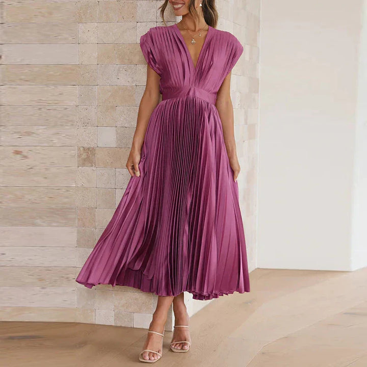 Robe midi plissée avec encolure en V et manches courtes élégantes
