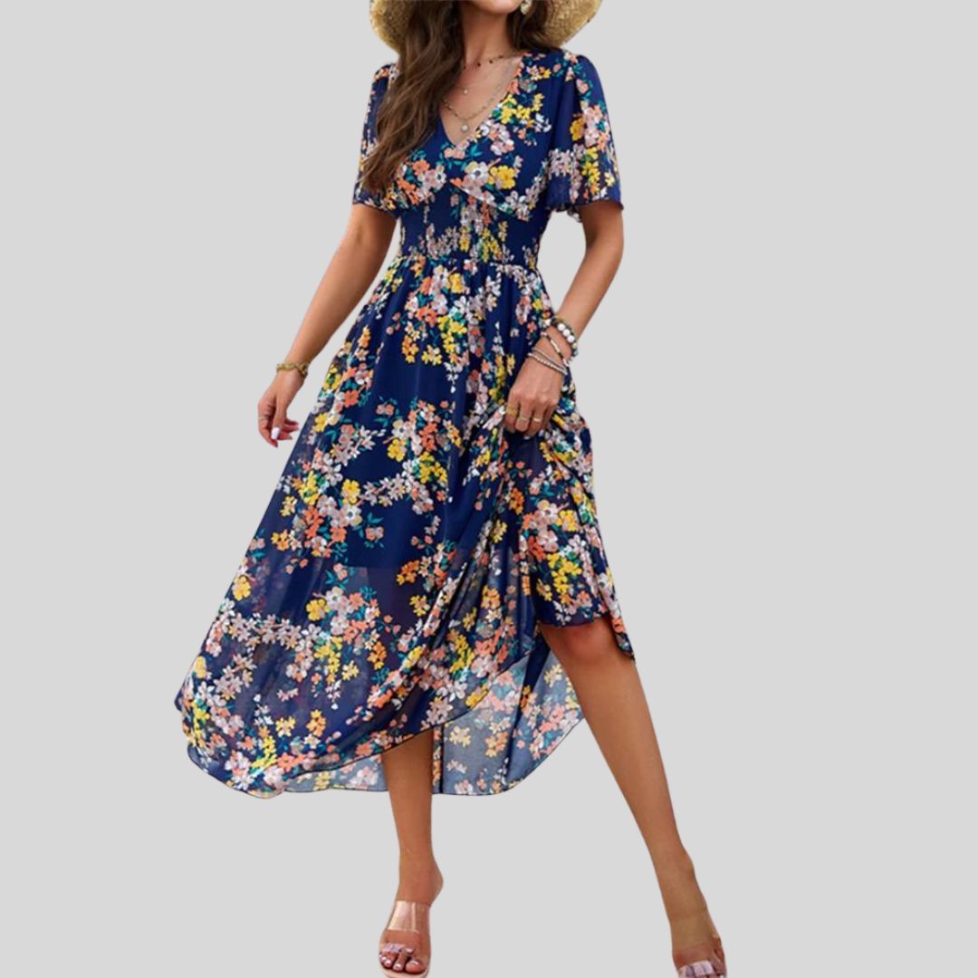 Pauline Laurent® | Robe midi à col V floral et manches courtes
