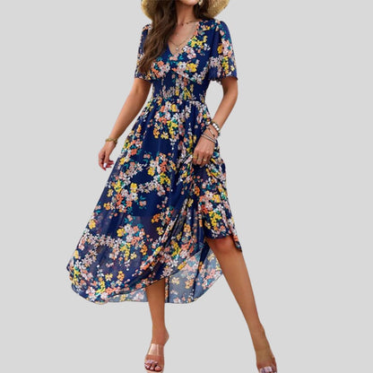 Pauline Laurent® | Robe midi à col V floral et manches courtes