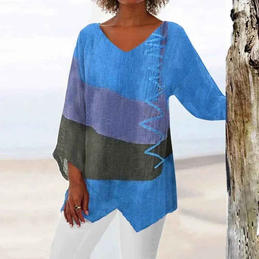 Chemisier tricolore féminin en tissu léger, élégant pour printemps-été