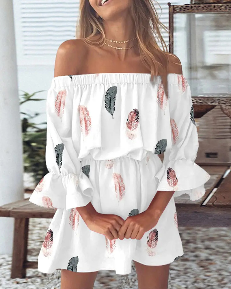 Pauline Laurent® | Robe à épaules découvertes avec imprimé feuilles de bohème