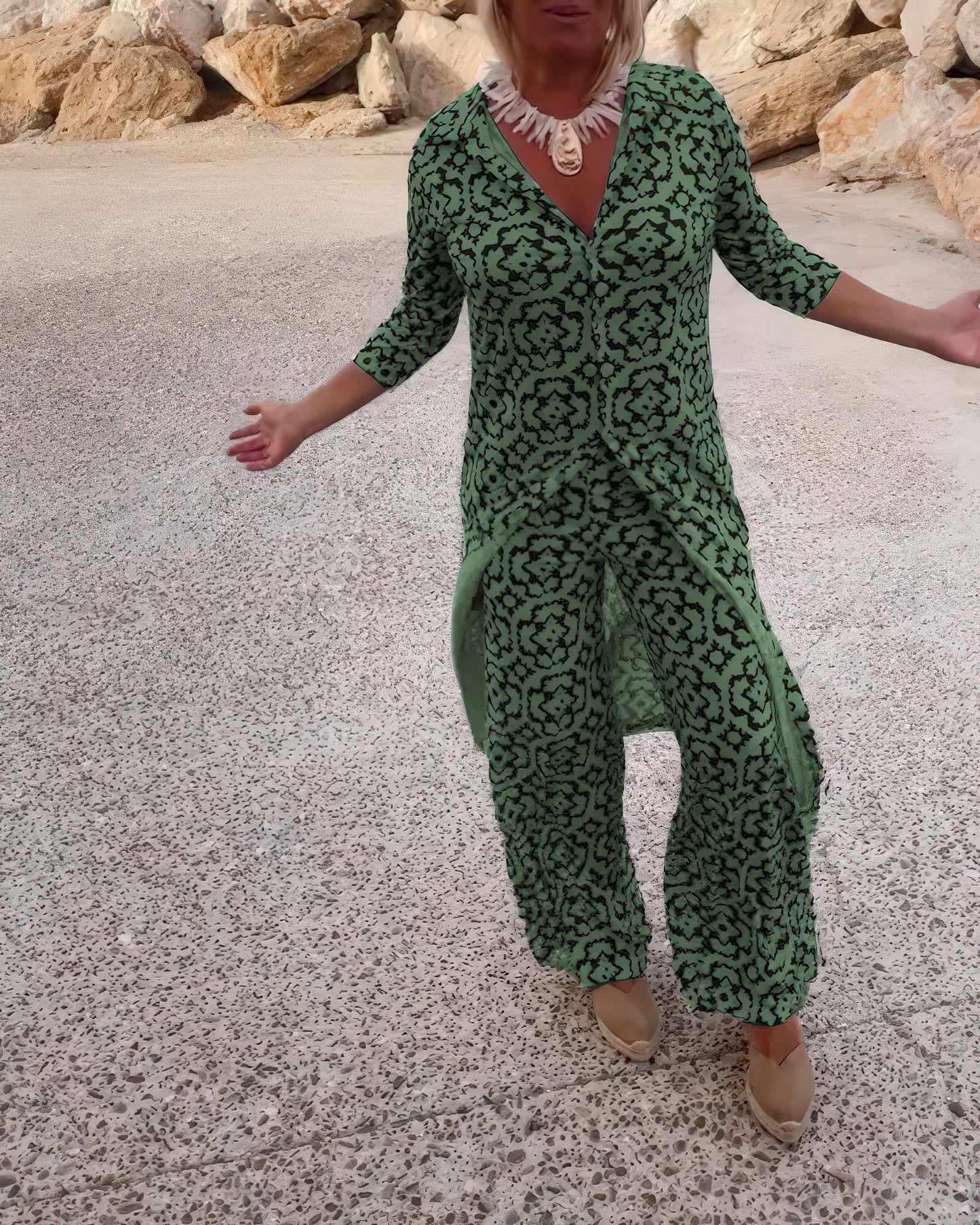 JACQUELIN™ | Ensemble Vintage Imprimé à Deux Pièces avec Revers et Boutons