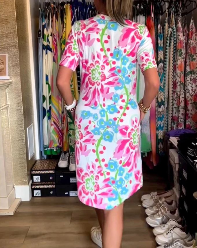 Robe à manches courtes, imprimé fleuri et col V
