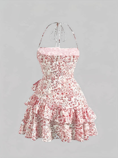 Robe Mini Florale à Col Halter et Empiècement Pour Femme