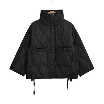Veste en coton pour femmes longueur hanches avec col montant et cordon de serrage