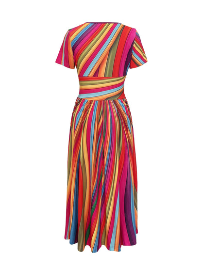 Robe midi à rayures colorées et décolleté en V pour femme