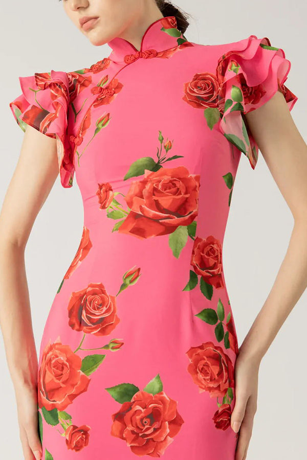 Robe longue cheongsam fleurie avec manches évasées à volants en étages