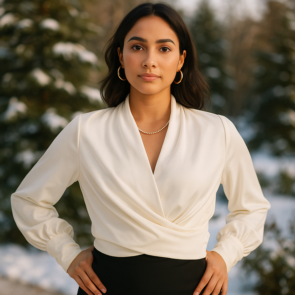 Blouse Chic à Manches Bouffantes et Col V pour un Style Quotidien Élégant