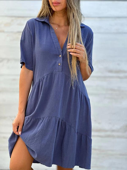 Vionelle™ - Robe décontractée, unie, à manches courtes en coton et lin pour femme