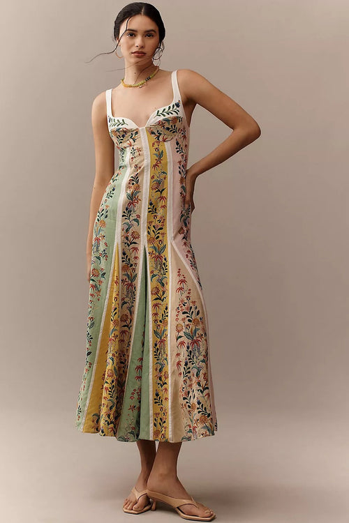 Robe longue à empiècements floraux en lin mélangé