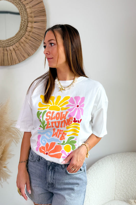 T-Shirt "Slow Living Life" Blanc