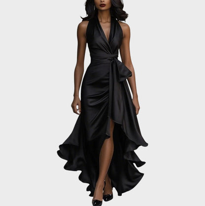 Robe Bustier en Satin Nuit avec Détail à Volants